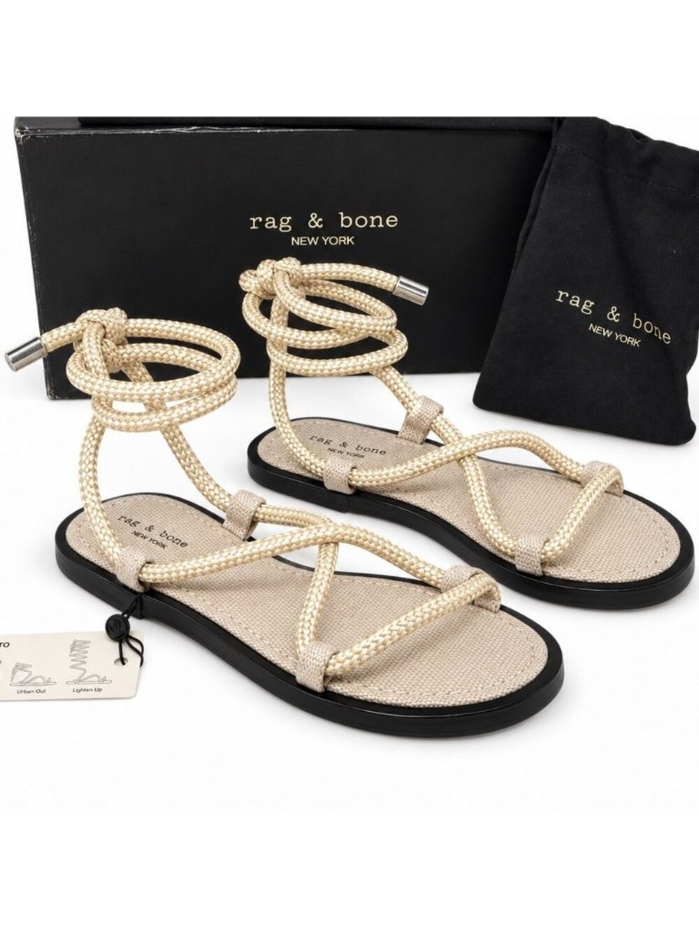 rag & bone Infinity Rope Sandals Womens 9.5 EU 39.5 Champagne Gold Lace Up Flat